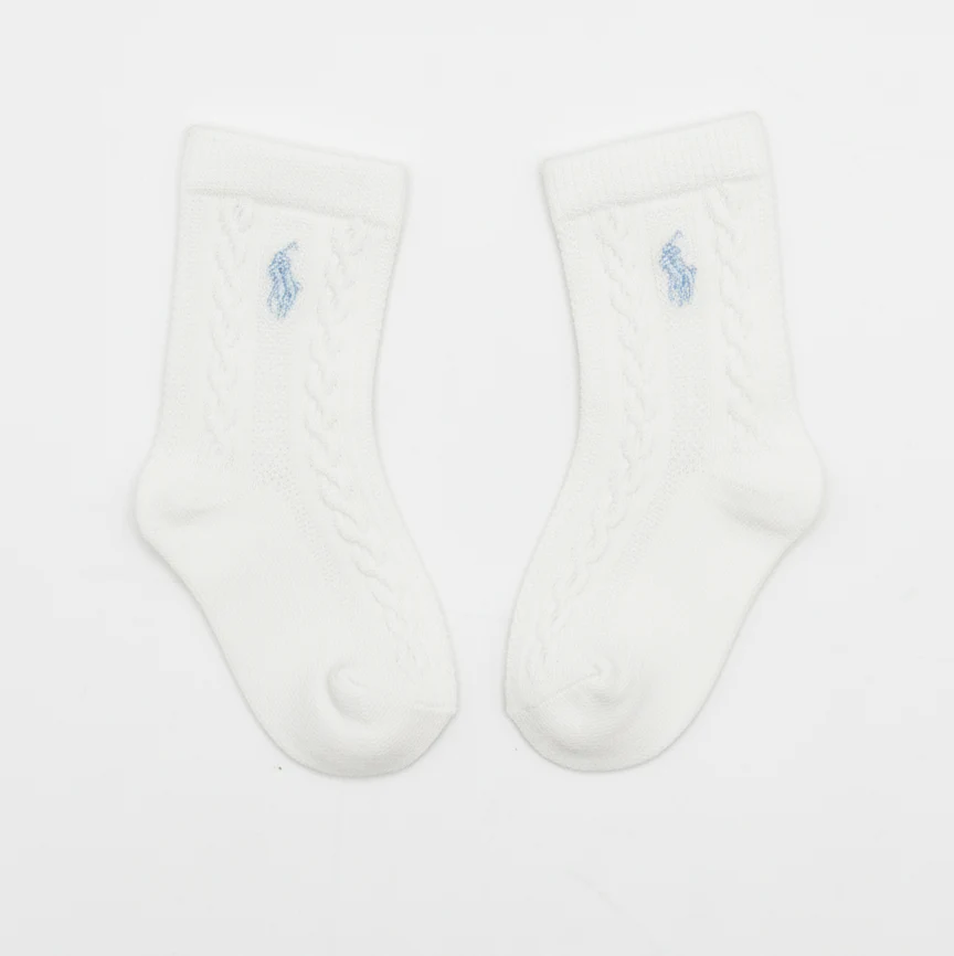 RL POLO BABY WHITE CABLE KNIT BLUE PONY SOCKS (0-2YRS) - Image 2