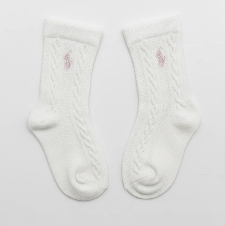 RL POLO BABY WHITE CABLE KNIT PINK PONY SOCKS (0-2YRS) - Image 2