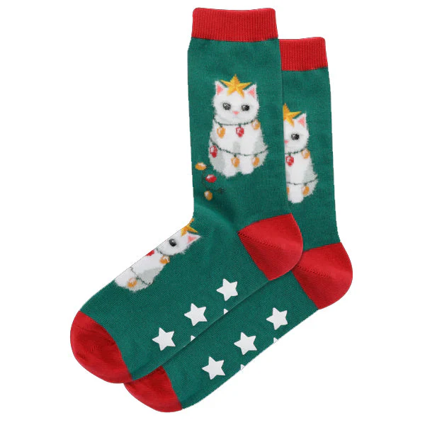 FUZZY CHRISTMAS TREE CAT NON SKID SOCKS
