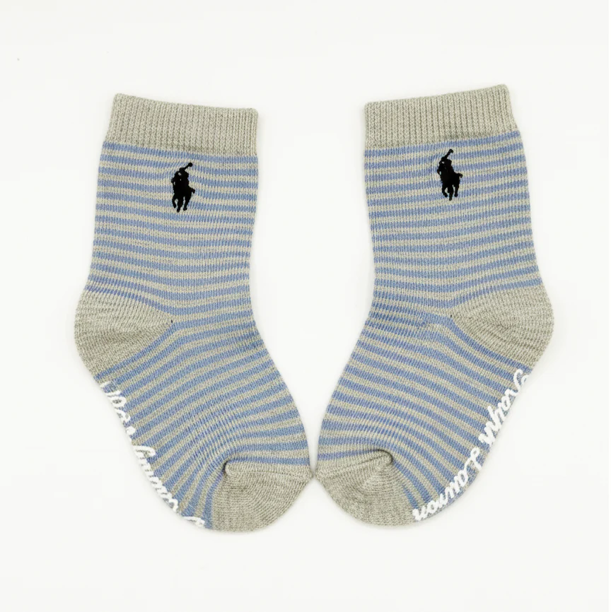RL POLO GREY/BLUE STRIPE NON-SLIP SOCKS (0-2YRS)