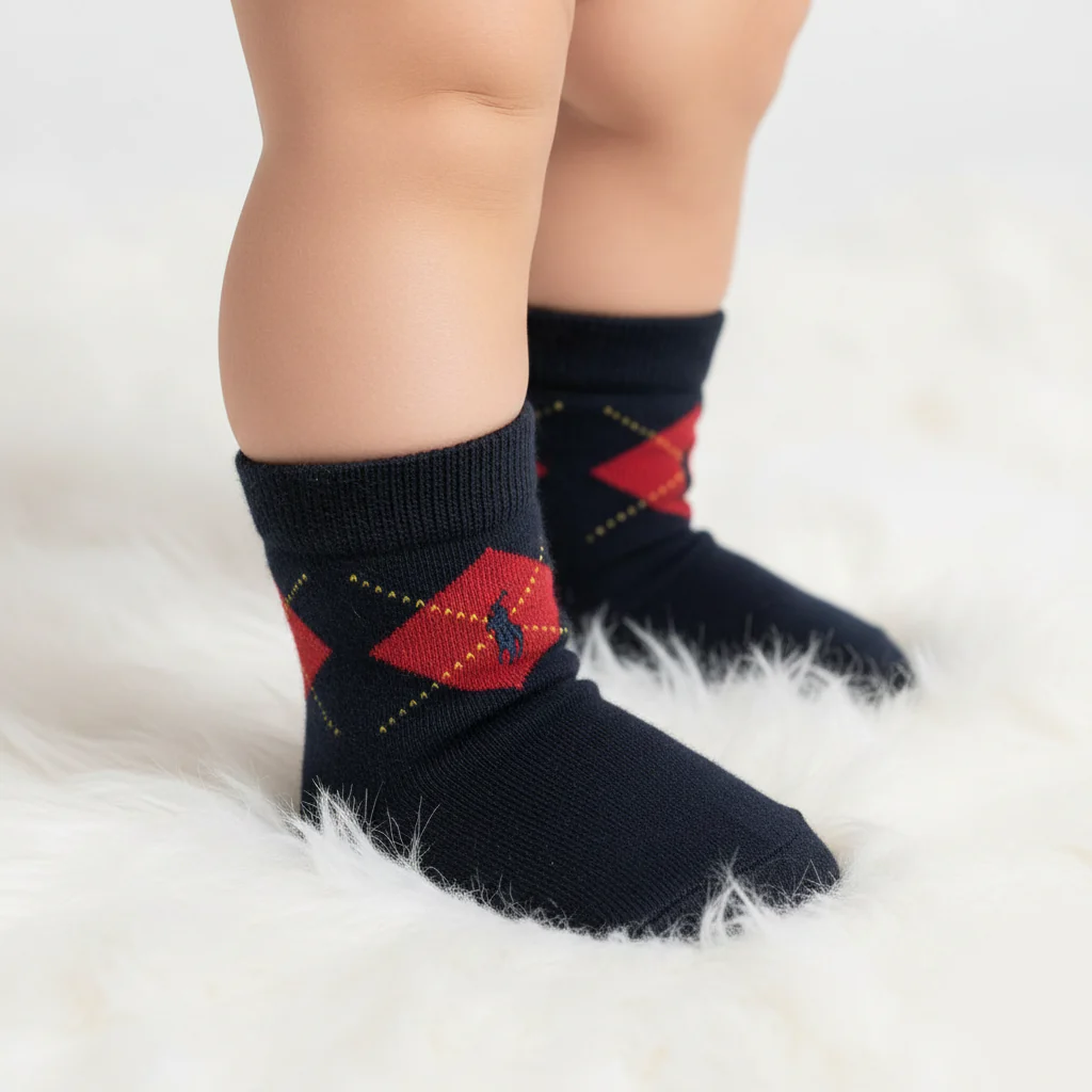 RL POLO NAVY ARGYLE BABY SOCKS WITH RED DIAMOND PATTERN SOCKS (1-3YRS)