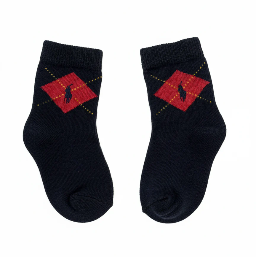 RL POLO NAVY ARGYLE BABY SOCKS WITH RED DIAMOND PATTERN SOCKS (1-3YRS) - Image 2