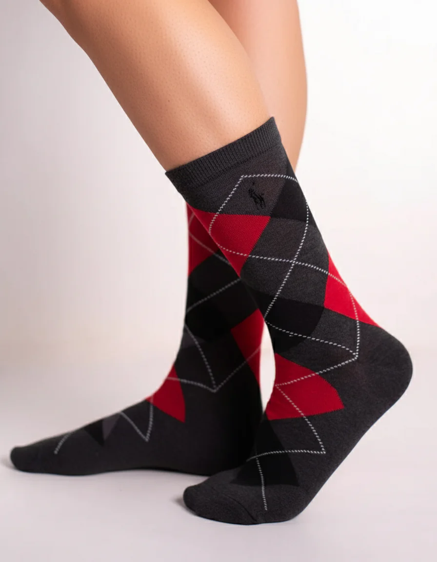 RL POLO CHARCOAL & RED ARGYLE DRESS SOCKS