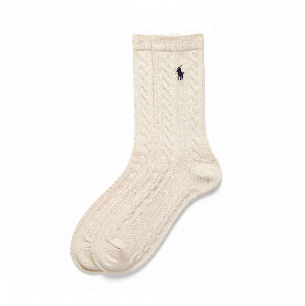 RL POLO CREAM HERITAGE CABLE KNIT SOCKS