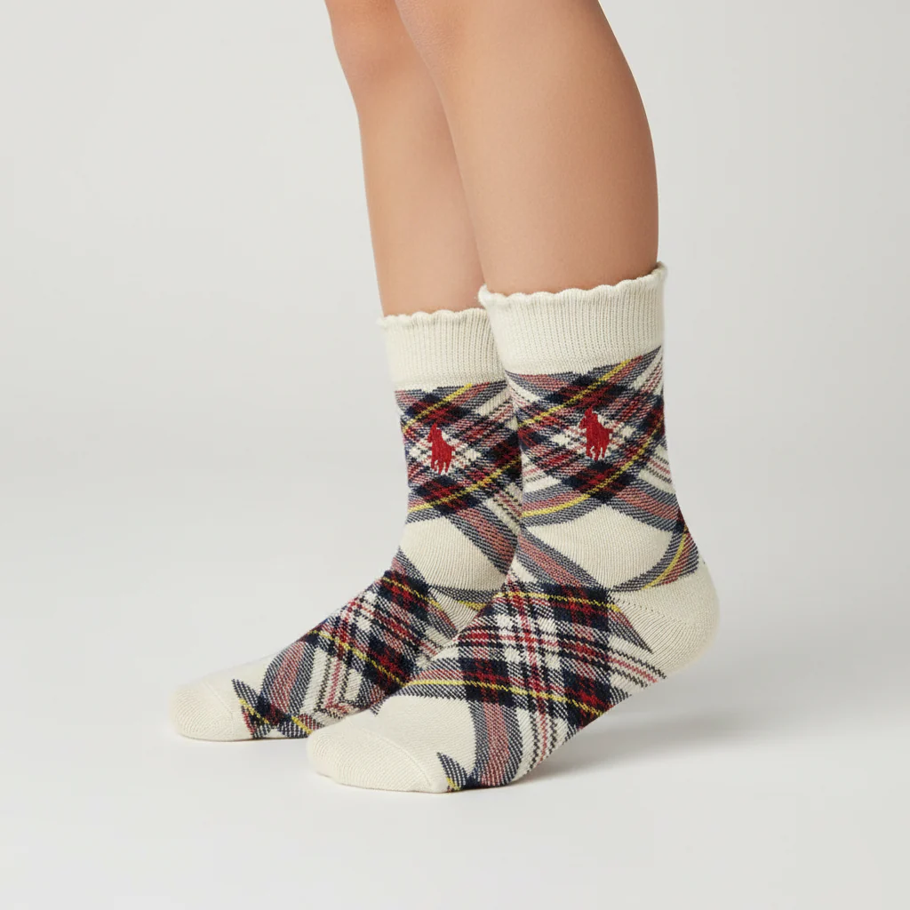 RL POLO HIGHLAND PLAID RUFFLE-TOP SOCKS (7-10yrs)